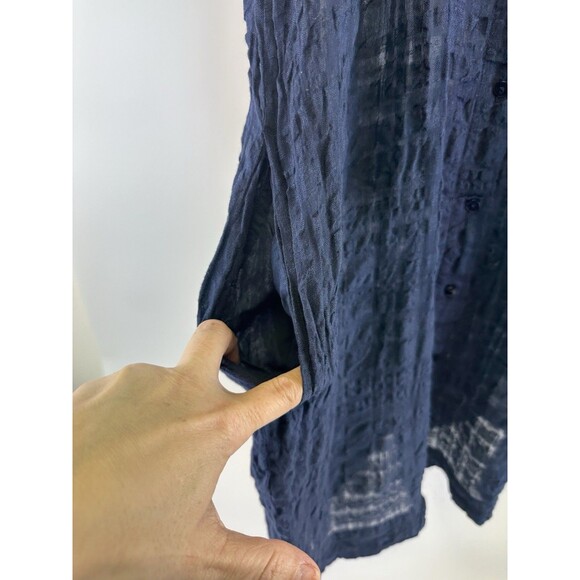 Eileen Fisher Linen Windowpane Gauze Dress Button Navy Short Sleeve Sheer Small - Picture 3 of 11
